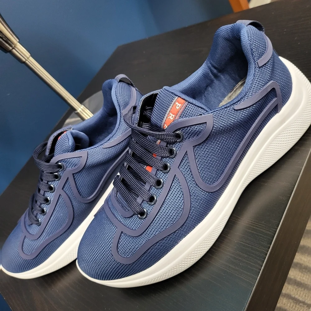 Prada Americas Cup Rubber-Trimmed Mesh Sneakers Blue/white..Size 40